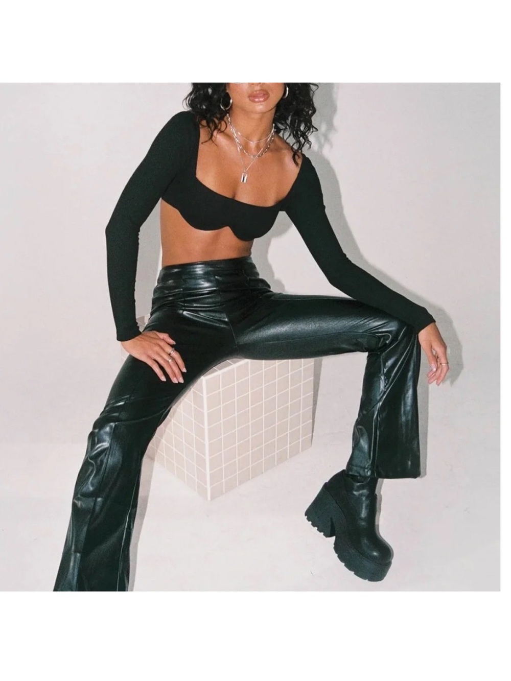 Princess Polly Brayden Black Faux Leather Flare Pants Size 8 NWT Y2K